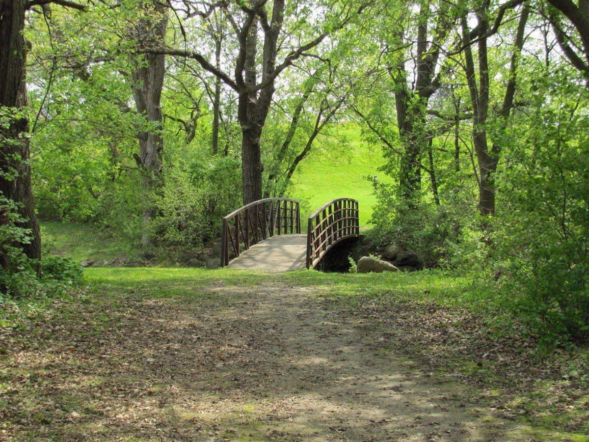 A wooden footbridge over a creek in a wooded Sun Prairie park, with a mown green hillside beyond the trees.